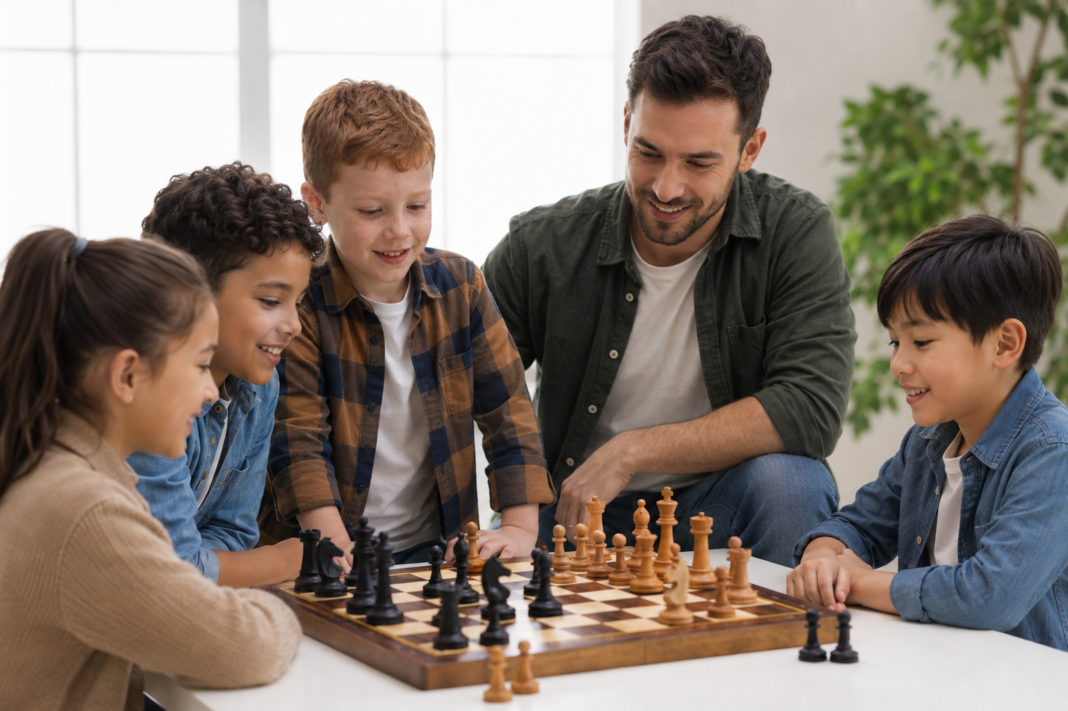 Children playing chess with a coach in a United Knights class